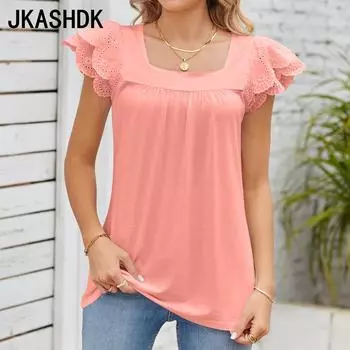 JKASHDK женские модные повседневные летние весенние однотонные блузки и рубашки с короткими рукавами и квадратным воротником с принтом S чёрный