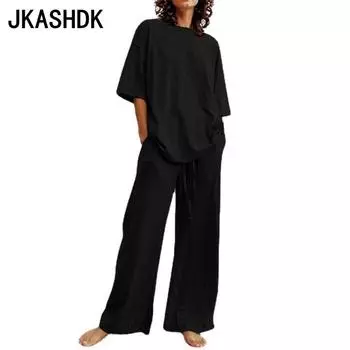 JKASHDK Женские модные повседневные летние весенние однотонные принты с коротким рукавом и круглым вырезом брюки костюмы S чёрный