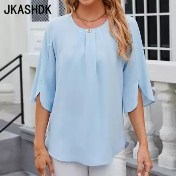 JKASHDK Женские модные повседневные летние весенние однотонные блузки и рубашки с круглым вырезом и рукавами 1/2 с принтом