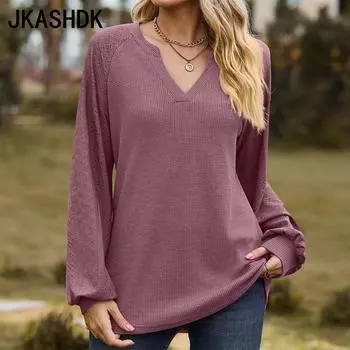 JKASHDK Женские модные повседневные однотонные блузки и рубашки с v-образным вырезом и длинными рукавами с принтом S чёрный