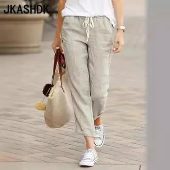 JKASHDK Женские модные повседневные однотонные брюки с высокой талией и принтом, брюки и капри S хаки