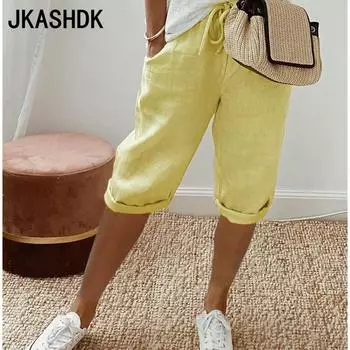 JKASHDK Женские модные повседневные однотонные брюки с высокой талией и принтом, брюки и капри S лимонно-желтый