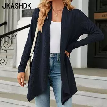 JKASHDK женские модные повседневные однотонные кардиганы с принтом осень-зима с длинными рукавами куртки и пальто S чёрный