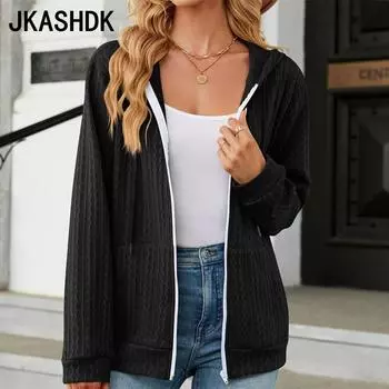 JKASHDK женские модные повседневные однотонные куртки и пальто с капюшоном на осень-зиму с длинным рукавом и принтом S чёрный