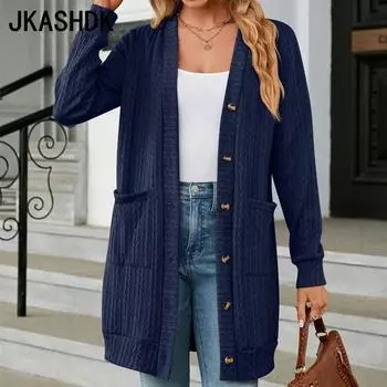 JKASHDK женские модные повседневные однотонные принты осень-зима с длинными рукавами свободные куртки и пальто S чёрный