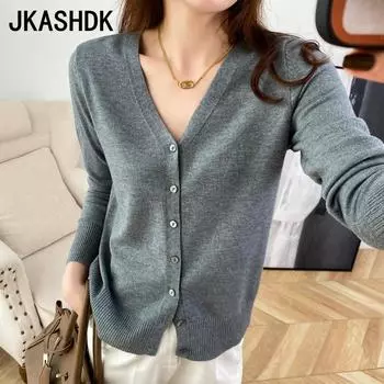 JKASHDK женские модные повседневные однотонные принты осень-зима с длинными рукавами и v-образным вырезом свободные свитера S белый