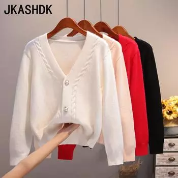 JKASHDK женские модные повседневные однотонные принты осень-зима с длинными рукавами и v-образным вырезом свободные свитера One size красный