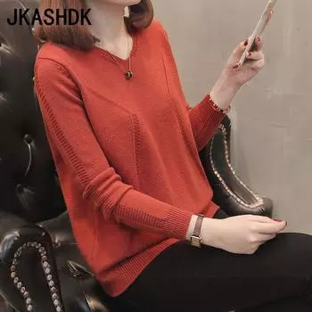 JKASHDK женские модные повседневные однотонные принты осень-зима с длинными рукавами и v-образным вырезом свободные свитера One size красный