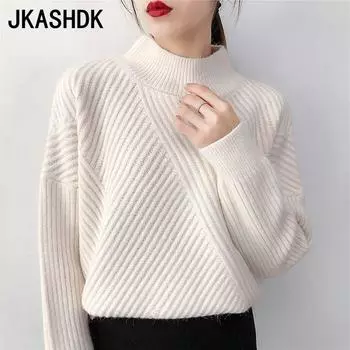 JKASHDK женские модные повседневные однотонные принты осень-зима с длинным рукавом Половина водолазки свободные свитера One size чёрный