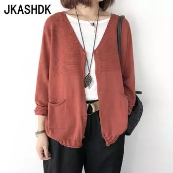 JKASHDK женские модные повседневные однотонные принты осень-зима с длинными рукавами и v-образным вырезом свободные свитера One size хаки