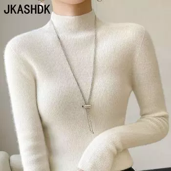 JKASHDK женские модные повседневные однотонные принты осень-зима с длинным рукавом полуводолазка тонкие свитера S белый