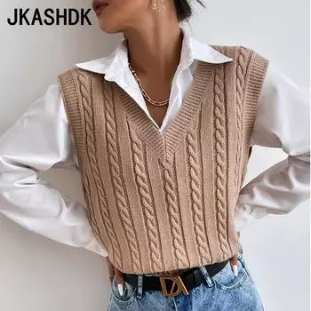 JKASHDK женские модные повседневные однотонные свитера с v-образным вырезом без рукавов на осень-зиму S хаки