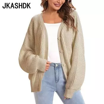 JKASHDK Женские модные повседневные однотонные свободные свитера с принтом на осень-зиму с длинным рукавом S белый