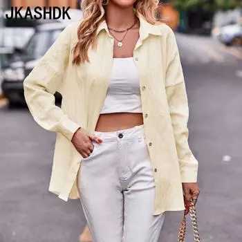 JKASHDK Женские модные повседневные осенне-зимние блузки и рубашки поло с длинным рукавом и воротником-поло S светло-желтого
