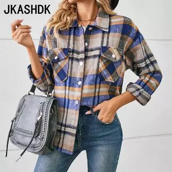 JKASHDK женские модные повседневные осенне-зимние клетчатые рубашки-поло с длинными рукавами и воротником, блузки и рубашки, верхняя куртка S розовый