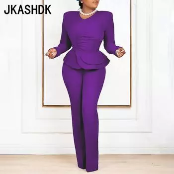 JKASHDK женские модные повседневные осенне-зимние однотонные брюки с принтом и длинными рукавами и v-образным вырезом, брюки, костюмы S синий