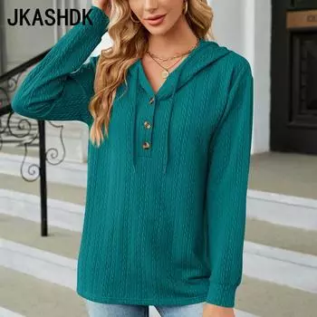 JKASHDK женские модные повседневные осенне-зимние однотонные блузки и рубашки с v-образным вырезом и длинными рукавами с принтом S чёрный