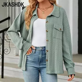 JKASHDK женские модные повседневные осенне-зимние однотонные рубашки-поло с длинным рукавом и принтом, блузки и рубашки, верхняя куртка S чёрный