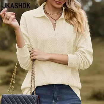 JKASHDK женские модные повседневные осенне-зимние однотонные рубашки-поло с длинным рукавом и принтом, блузки и рубашки S чёрный