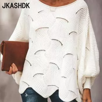JKASHDK женские модные повседневные осенне-зимние свободные свитера больших размеров с длинными рукавами и круглым вырезом S белый