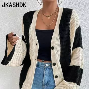 JKASHDK женские модные повседневные полосатые принты осень-зима свободные свитера с длинными рукавами S абрикосовый