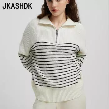 JKASHDK женские модные повседневные полосатые принты осень-зима с длинным рукавом и высоким воротом свитера S чёрный