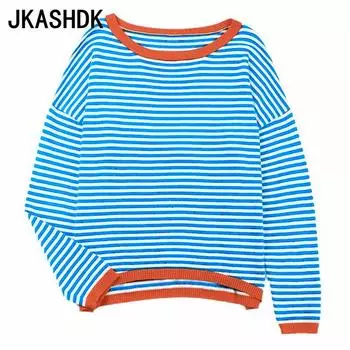 JKASHDK Женские модные повседневные пуловеры с круглым вырезом и длинными рукавами, весна-осень с полосатым принтом S белый