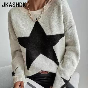 JKASHDK женские модные повседневные свитера с круглым вырезом и принтом пентаграммы осень-зима с длинными рукавами S абрикосовый