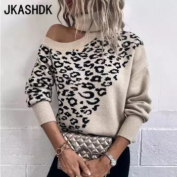JKASHDK женские модные повседневные свитера с леопардовым принтом осень-зима с длинным рукавом и высоким воротом S зелёный