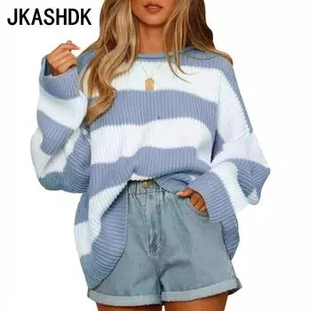 JKASHDK Женские модные повседневные свитера в полоску с принтом осень-зима с длинным рукавом и круглым вырезом S светло-синий