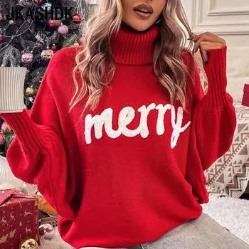 JKASHDK женские модные повседневные веселые однотонные свитера с высоким воротом и осенне-зимним принтом с длинными рукавами S красный