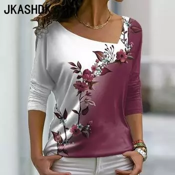 JKASHDK Женские модные повседневные весенне-осенние блузки и рубашки с v-образным вырезом и длинными рукавами с цветочным узором и принтом S красный