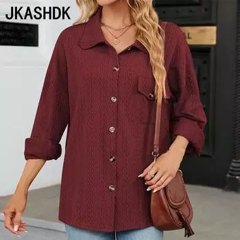 JKASHDK женские модные повседневные весенне-осенние однотонные рубашки-поло с длинными рукавами и принтом, блузки и рубашки, верхняя куртка S чёрный