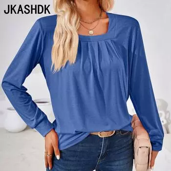 JKASHDK женские модные повседневные весенне-осенние однотонные блузки и рубашки с квадратным воротником и длинными рукавами с принтом S белый