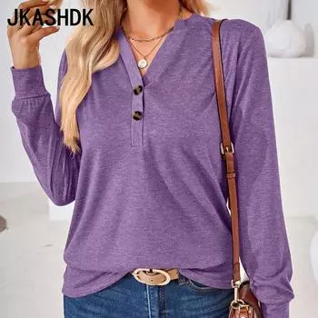 JKASHDK женские модные повседневные весенне-осенние однотонные блузки и рубашки с v-образным вырезом и длинными рукавами с принтом S чёрный