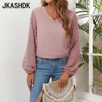 JKASHDK женские модные повседневные весенне-осенние однотонные блузки и рубашки с v-образным вырезом и длинными рукавами с принтом S розовый