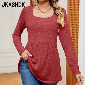 JKASHDK женские модные повседневные весенне-осенние однотонные топы с квадратным воротником и длинными рукавами, блузки и рубашки с принтом S чёрный