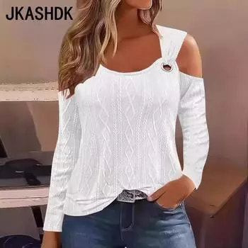 JKASHDK Женские модные повседневные весенне-осенние однотонные блузки и рубашки с круглым вырезом и длинными рукавами с принтом S белый