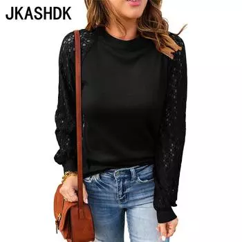 JKASHDK Женские модные повседневные весенне-осенние однотонные блузки и рубашки с круглым вырезом и длинными рукавами с принтом S чёрный