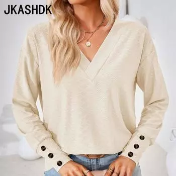 JKASHDK женские модные повседневные весенне-осенние однотонные свободные блузки и рубашки с длинным рукавом и v-образным вырезом с принтом S чёрный