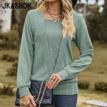 JKASHDK женские модные повседневные весенне-осенние однотонные блузки и рубашки с квадратным воротником и длинными рукавами с принтом S чёрный