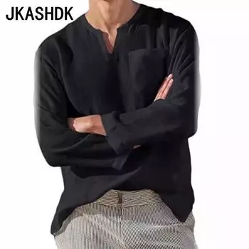 JKASHDK женские модные повседневные весенне-осенние однотонные блузки и рубашки с v-образным вырезом и длинными рукавами с принтом S чёрный