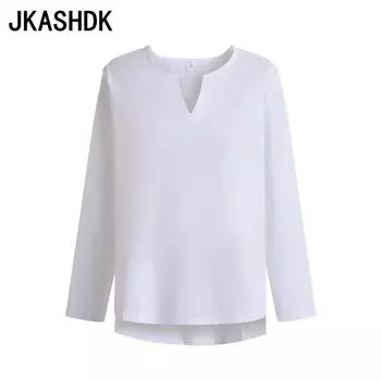 JKASHDK женские модные повседневные весенне-осенние однотонные блузки и рубашки с v-образным вырезом и длинными рукавами с принтом S белый