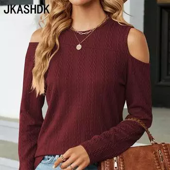 JKASHDK женские модные повседневные весенне-осенние однотонные блузки и рубашки с круглым вырезом и длинными рукавами с принтом S чёрный