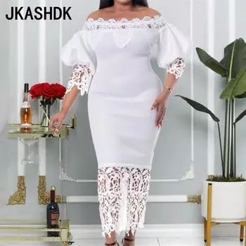 JKASHDK Женские модные весенне-осенние коктейльные и вечерние платья с кружевным принтом и рукавами 1/2 на одно плечо и высокой талией S белый