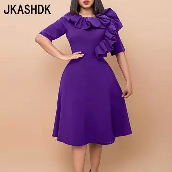 JKASHDK Женские модные весенне-осенние однотонные коктейльные и вечерние платья с рукавами 1/2 и круглым вырезом с высокой талией S фиолетовый