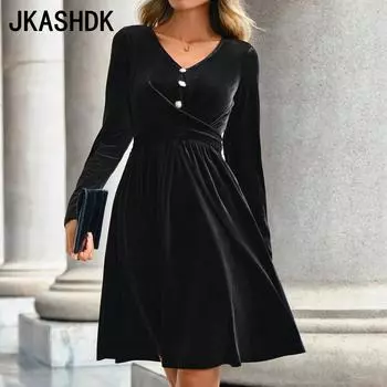 JKASHDK Женские модные весенне-осенние однотонные коктейльные и вечерние платья с длинным рукавом и v-образным вырезом со средней талией S чёрный