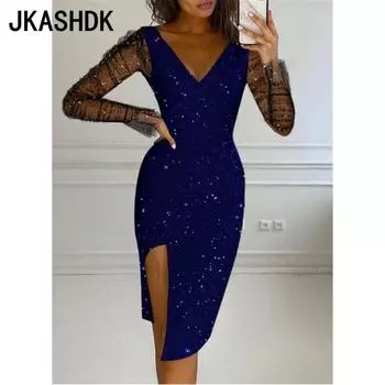 JKASHDK Женские модные весенне-осенние однотонные коктейльные и вечерние платья с длинным рукавом и v-образным вырезом со средней талией S чёрный