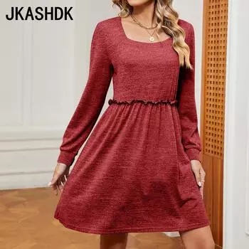 JKASHDK Женские модные весенне-осенние однотонные повседневные платья с длинным рукавом и квадратным воротником с принтом S чёрный