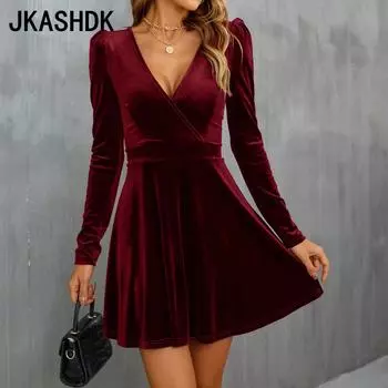 JKASHDK Женские модные весенне-осенние однотонные повседневные платья с длинным рукавом и v-образным вырезом с высокой талией и принтом S армия зеленый